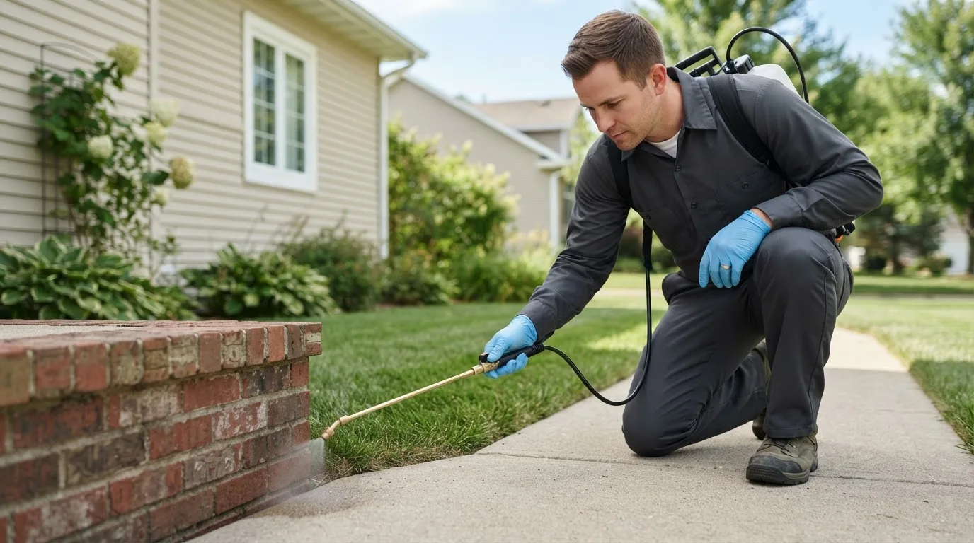 Pest control technician treating a home near Merrittstown, PA