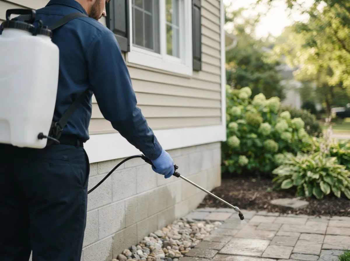 Pest control technician inspecting a home in Merrittstown, PA